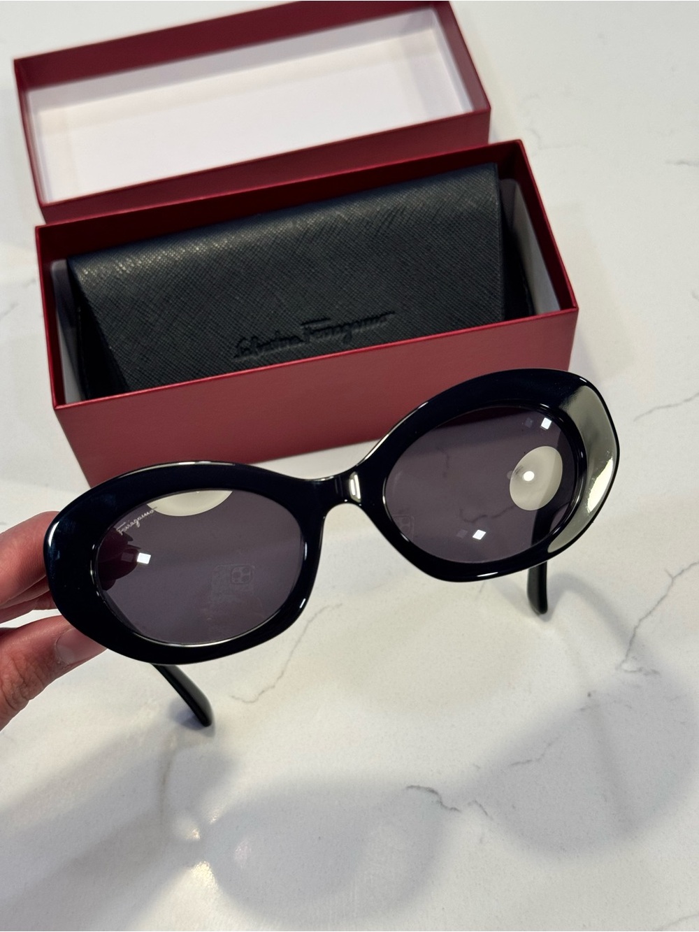 Salvatore Ferragamo Black Oval Frame Sunglasses with Dark Lenses